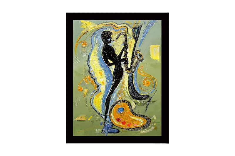 Kehystetty puutaulu canvasille - 41x56 cm - Muusikko soittaa saksofonia värikkäillä keinuilla ympärillä, Musta / Keltainen / Sininen