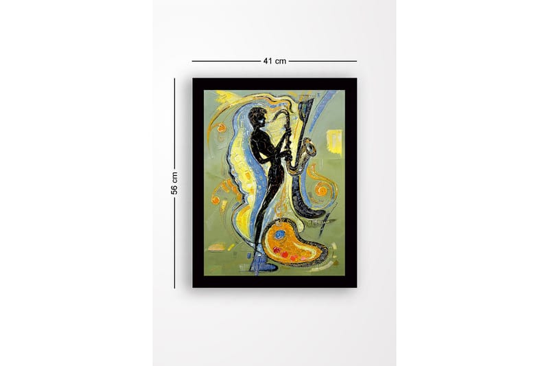 Kehystetty puutaulu canvasille - 41x56 cm - Muusikko soittaa saksofonia värikkäillä keinuilla ympärillä - Musta / Keltainen / Sininen - Sisustustuotteet - Taulu & taide