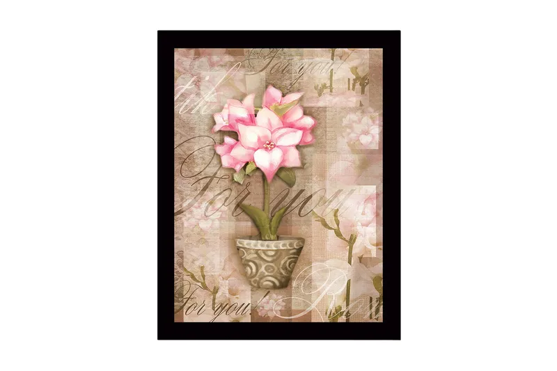 Kehystetty puutaulu canvasille - 41x56 cm - Vaaleanpunainen kukka ruukussa pehmeillä taustasävyillä, Vaaleanpunainen / Beige / Vihreä