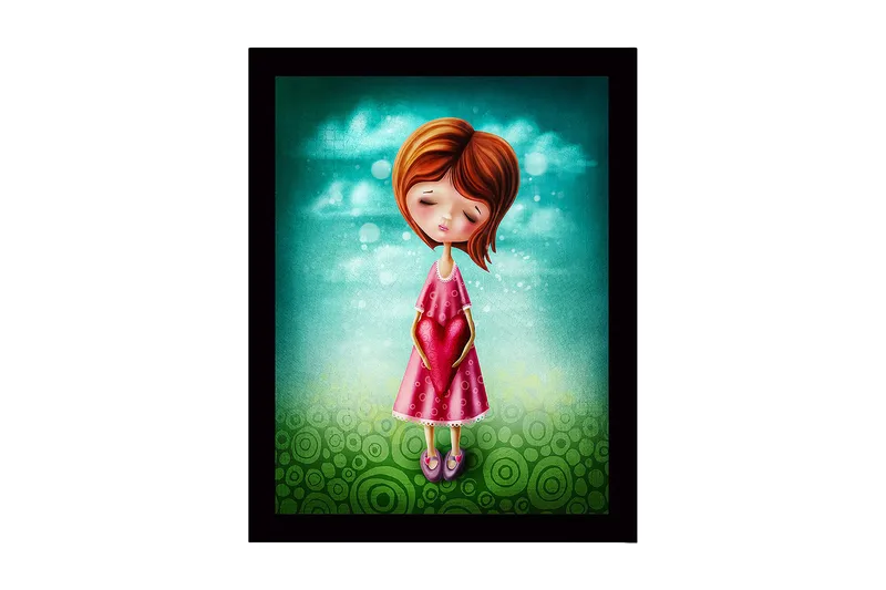 Kehystetty puutaulu canvasille - 41x56 cm - Tyttö pitelee sydäntä käsissään, Turkoosi / Vaaleanpunainen / Vihreä
