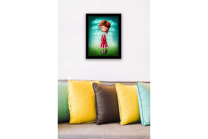 Kehystetty puutaulu canvasille - 41x56 cm - Tyttö pitelee sydäntä käsissään - Turkoosi / Vaaleanpunainen / Vihreä - Sisustustuotteet - Taulu & taide