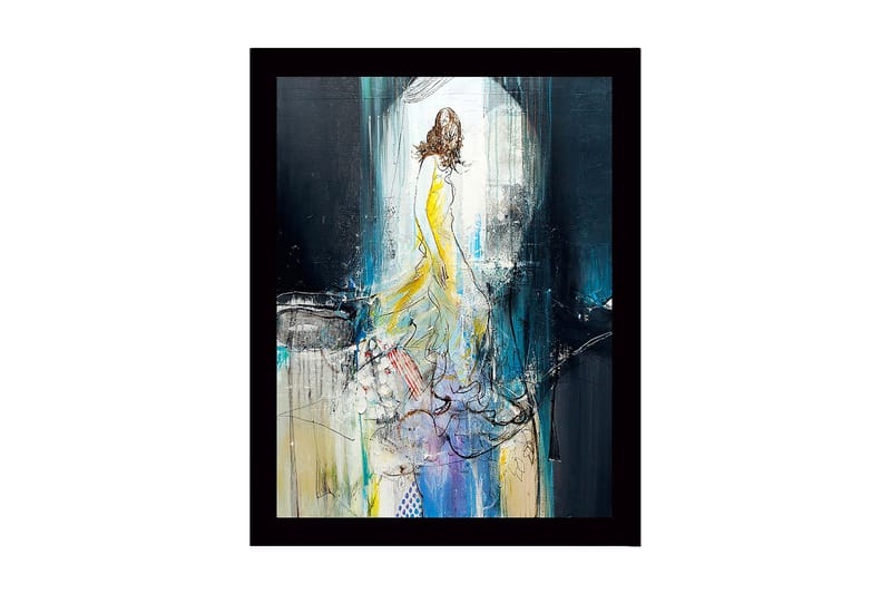 Kehystetty puinen canvas-taulu - 41x56 cm - Elegantti nainen keltaisessa mekossa liikkuu unenomaisessa ympäristössä, Keltainen / Sininen / Musta