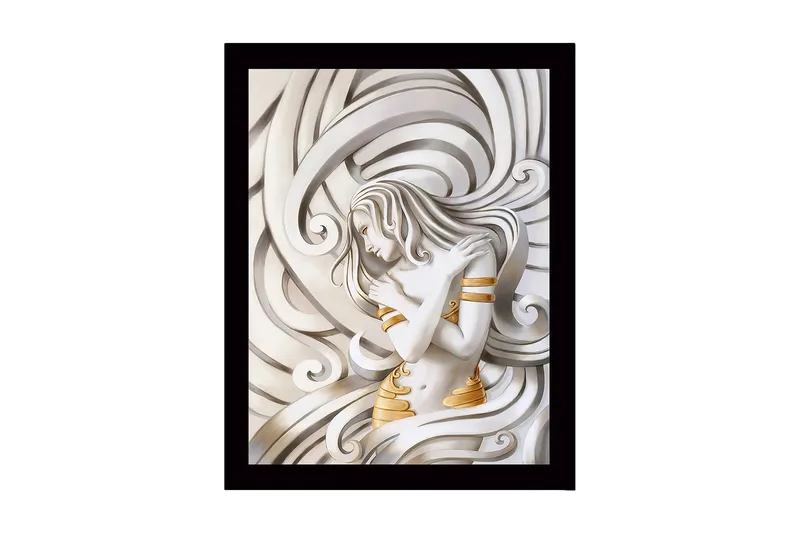 Kehystetty puutaulu canvasille - 41x56 cm - Elegantti nainen huojuvien linjojen ympäröimänä, Valkoinen / Kulta / Harmaa