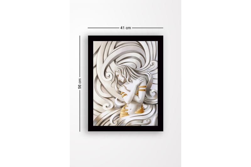 Kehystetty puutaulu canvasille - 41x56 cm - Elegantti nainen huojuvien linjojen ympäröimänä - Valkoinen / Kulta / Harmaa - Sisustustuotteet - Taulu & taide