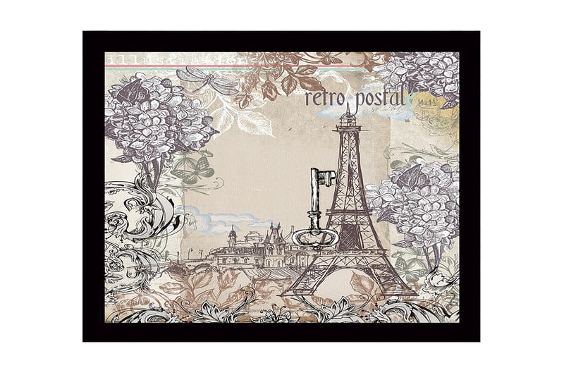 Kehystetty puinen canvas-taulu - 41x56 cm - Eiffel-torni kukkien ja vintage-elementtien ympäröimänä, Harmaa / Beige / Tummanvihreä