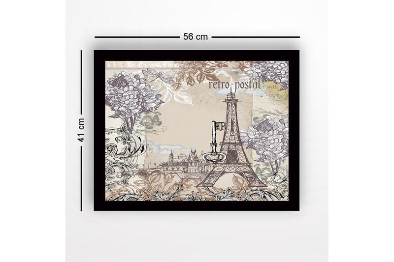 Kehystetty puinen canvas-taulu - 41x56 cm - Eiffel-torni kukkien ja vintage-elementtien ympäröimänä - Harmaa / Beige / Tummanvihreä - Sisustustuotteet - Taulu & taide