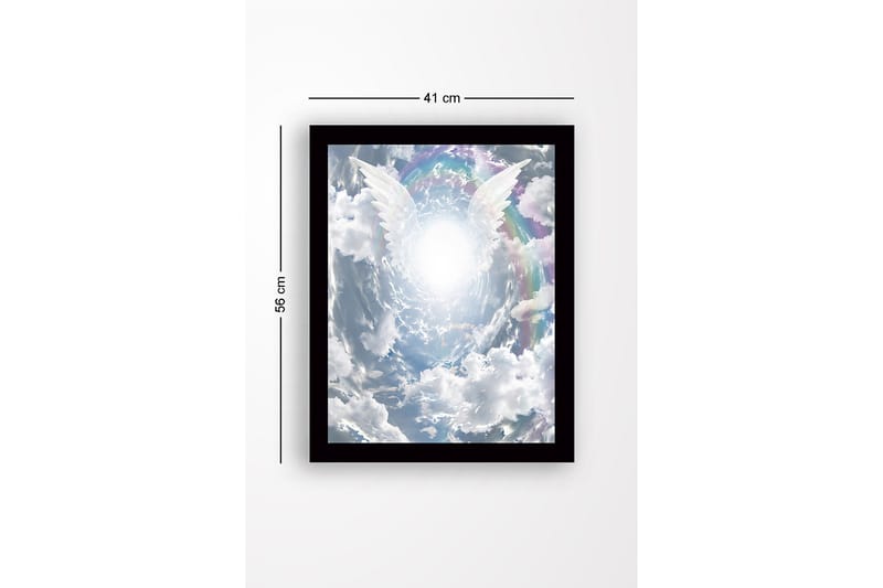 Kehystetty puinen canvas-taulu - 41x56 cm - Kirkkaat enkelin siivet kurottautuvat kohti säteilevää valonlähdettä dramaattisella taivaalla - Valkoinen / Vaaleansininen / Harmaa - Sisustustuotteet - Taulu & taide