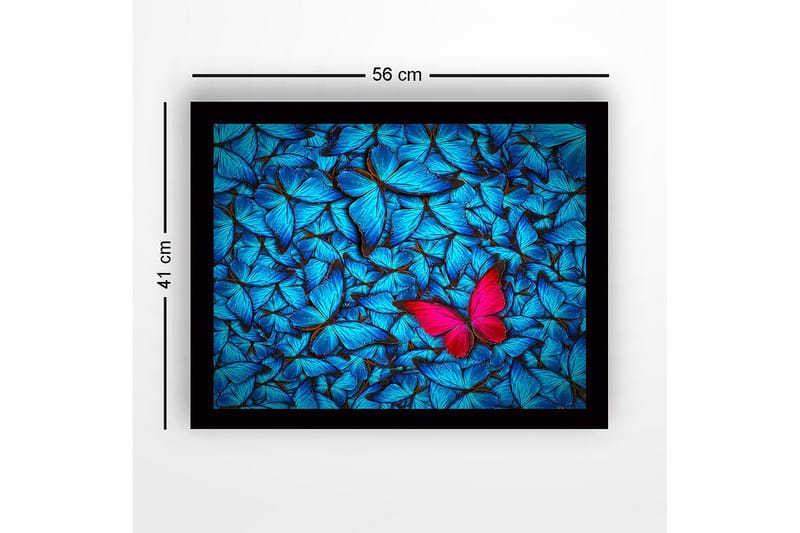 Kehystetty puutaulu canvasille - 41x56 cm - Värikäs perhoskokoelma, jossa näkyvä vaaleanpunainen perhonen - Sininen / Vaaleanpunainen - Sisustustuotteet - Taulu & taide