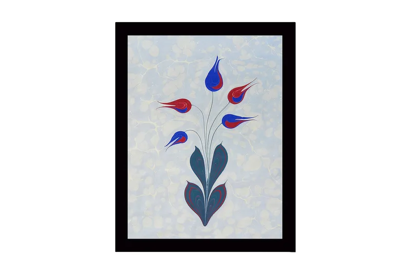 Kehystetty puutaulu canvasille - 41x56 cm - Värikäs kukkakimppu tyylitellyillä nuppuilla, Punainen / Sininen / Vihreä