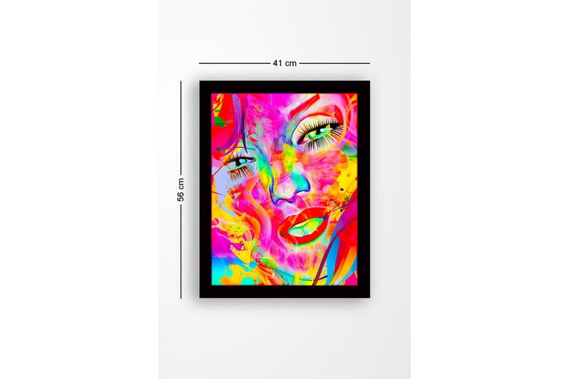 Kehystetty puukangas - 41x56 cm - Värikäs kasvokuva abstrakteilla elementeillä - Vaaleanpunainen / Keltainen / Vihreä - Sisustustuotteet - Taulu & taide
