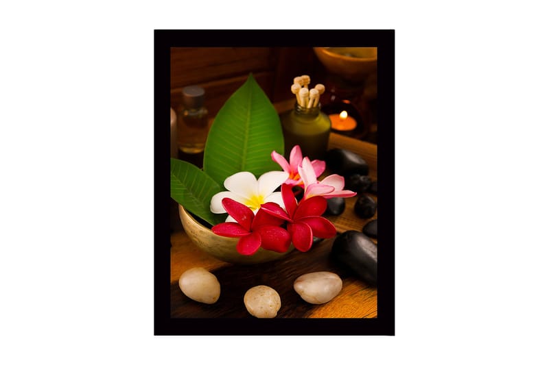 Kehystetty puutaulu canvasille - 41x56 cm - Värikäs kukkakimppu kulhossa, Punainen / Valkoinen / Vihreä