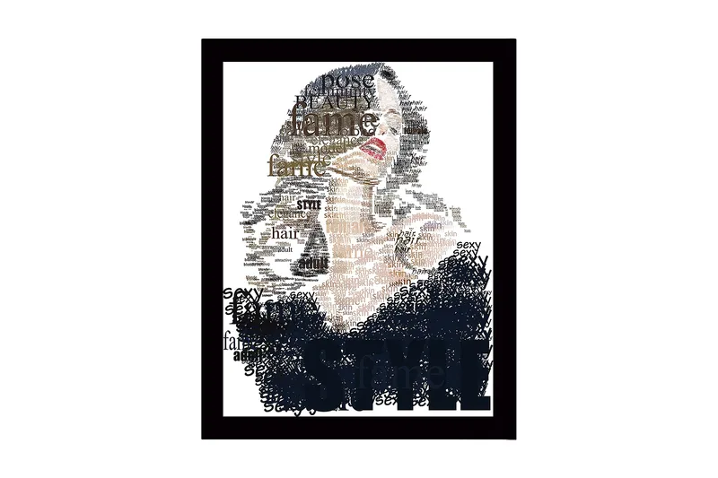 Kehystetty puinen canvas-taulu - 41x56 cm - Muotokuva naisesta, jota ympäröivät kauneutta ja tyyliä kuvaavat sanat, Musta / Beige / Ruskea