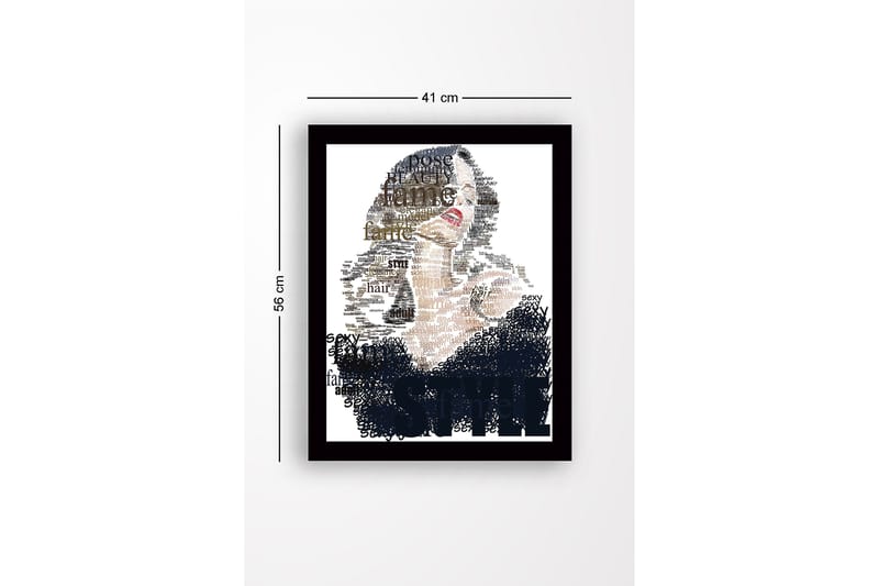 Kehystetty puinen canvas-taulu - 41x56 cm - Muotokuva naisesta, jota ympäröivät kauneutta ja tyyliä kuvaavat sanat - Musta / Beige / Ruskea - Sisustustuotteet - Taulu & taide