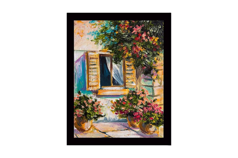 Kehystetty puutaulu canvasille - 41x56 cm - Ikkuna kukkaruukuilla aurinkoisessa ympäristössä, Vihreä / Vaaleanpunainen / Keltainen