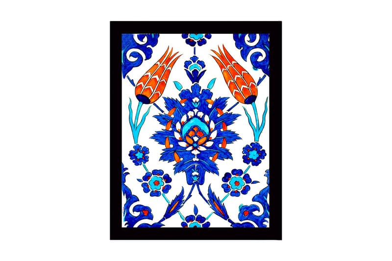 Kehystetty puutaulu canvasille - 41x56 cm - Värikäs kukka-asetelma tyylitellyillä kukilla ja lehdillä, Sininen / Punainen / Vihreä