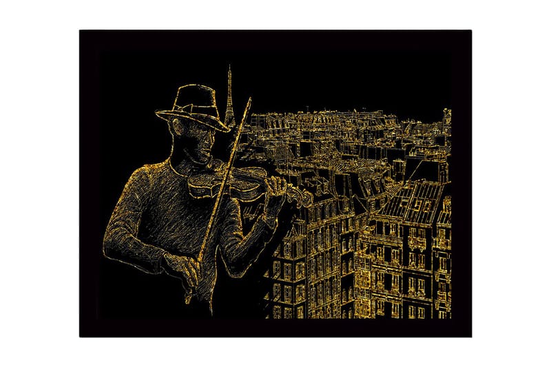 Kehystetty puutaulu canvasille - 41x56 cm - Muusikko soittaa viulua kaupungin siluetin taustalla, Kulta / Musta
