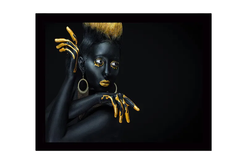Kehystetty puukangas - 41x56 cm - Musta-kultainen malli dramaattisilla poseerauksilla, Musta / Kulta