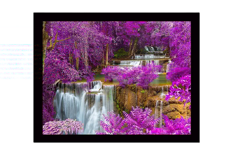 Kehystetty puutaulu canvasille - 41x56 cm - Värikäs vesiputous, jota ympäröivät violetit kukat ja vehreys, Violetti / Vihreä / Sininen