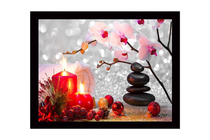 Kehystetty puutaulu - 41x56 cm - Kaunis tyyneys kynttilöiden, kukkien ja kivien kera, Punainen / Musta / Vaaleanpunainen