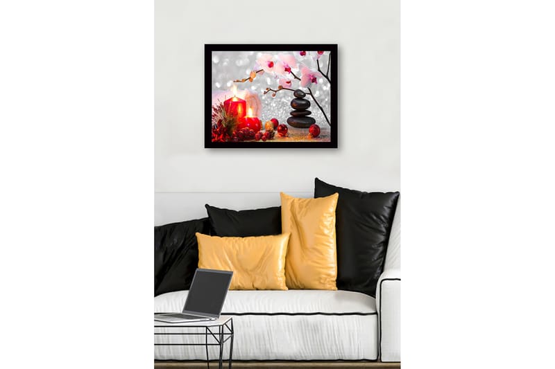 Kehystetty puutaulu - 41x56 cm - Kaunis tyyneys kynttilöiden, kukkien ja kivien kera - Punainen / Musta / Vaaleanpunainen - Sisustustuotteet - Taulu & taide