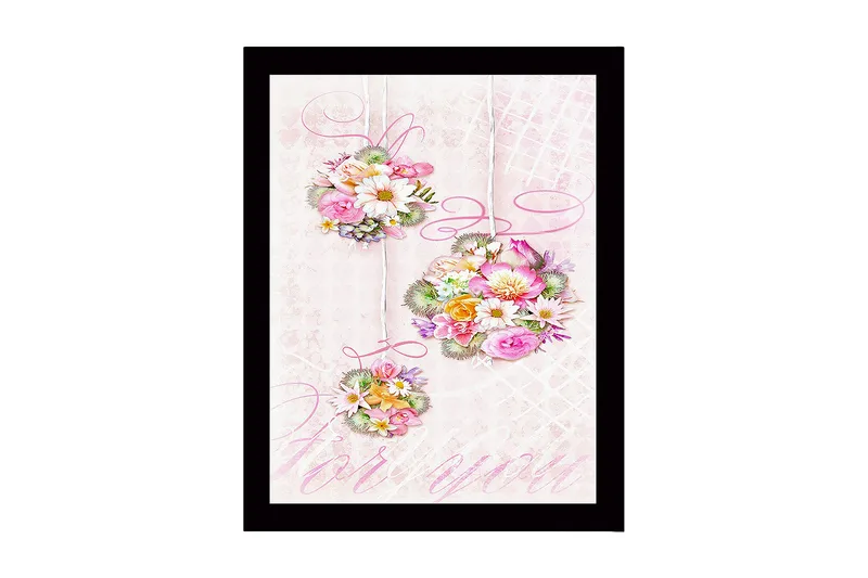 Kehystetty puutaulu canvasille - 41x56 cm - Roikkuvat pastelliväriset kukkakimput, Vaaleanpunainen / Vihreä / Keltainen