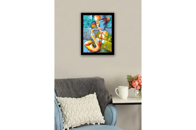 Kehystetty puutaulu canvasille - 41x56 cm - Muusikko soittaa saksofonia värikkäällä ja ilmeikkäällä tyylillä - Keltainen / Vihreä / Sininen - Sisustustuotteet - Taulu & taide