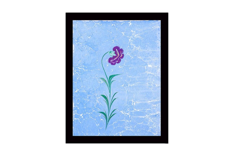 Kehystetty puutaulu canvasille - 41x56 cm - Violetti kukka vihreillä lehdillä vaaleansinisellä pohjalla, Violetti / Vihreä / Vaaleansininen