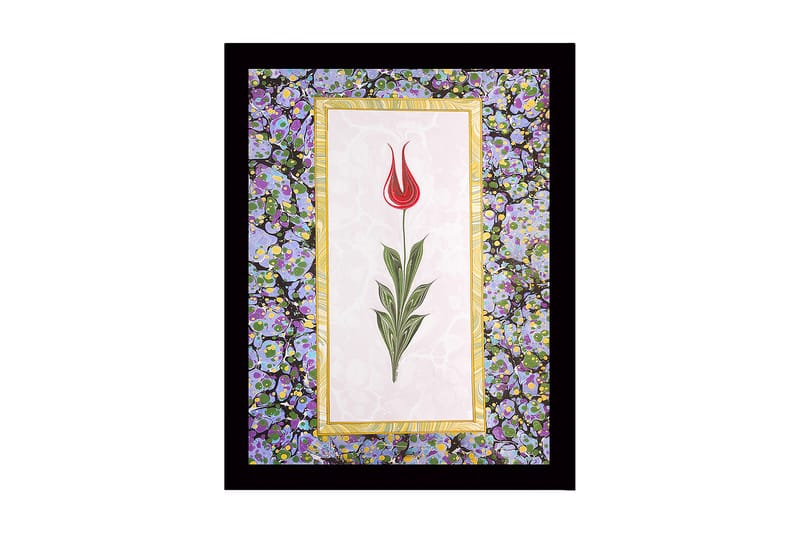 Kehystetty puutaulu canvasille - 41x56 cm - Punainen tulppaani vihreillä lehdillä vaalealla taustalla, Punainen / Vihreä / Violetti