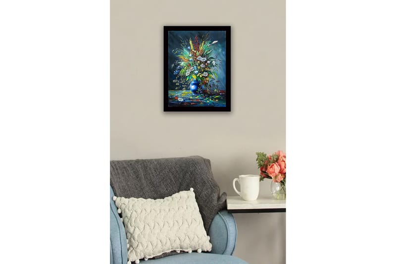 Kehystetty puutaulu canvasille - 41x56 cm - Värikäs kukkakimppu sinisessä maljakossa - Sininen / Vihreä / Valkoinen - Sisustustuotteet - Taulu & taide