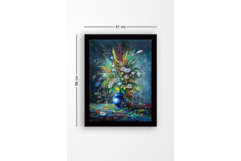 Kehystetty puutaulu canvasille - 41x56 cm - Värikäs kukkakimppu sinisessä maljakossa - Sininen / Vihreä / Valkoinen - Sisustustuotteet - Taulu & taide
