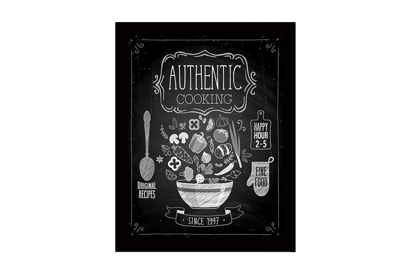 Kehystetty puutaulu canvasille - 41x56 cm - Keittiökyltti, jossa on kulho täynnä vihanneksia ja keittiövälineitä, Valkoinen / Musta