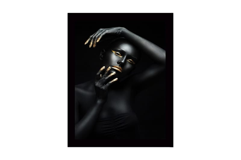 Kehystetty puutaulu canvasille - 41x56 cm - Muotokuva naisesta mustalla vartalomaalauksella ja kultaisilla yksityiskohdilla, Musta / Kulta