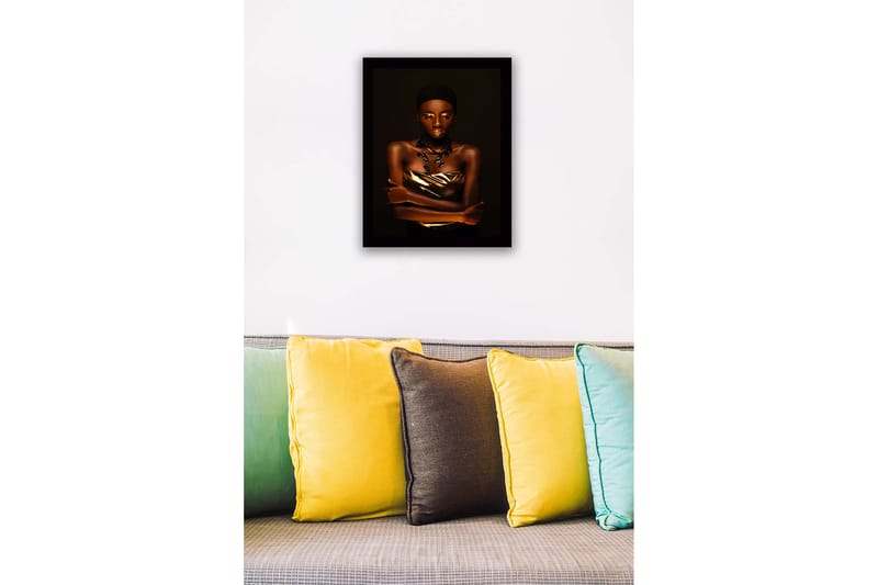 Kehystetty puutaulu canvasille - 41x56 cm - Naisen muotokuva kultaisilla yksityiskohdilla ja elegantilla poseerauksella - Kulta / Tummanruskea / Musta - Sisustustuotteet - Taulu & taide
