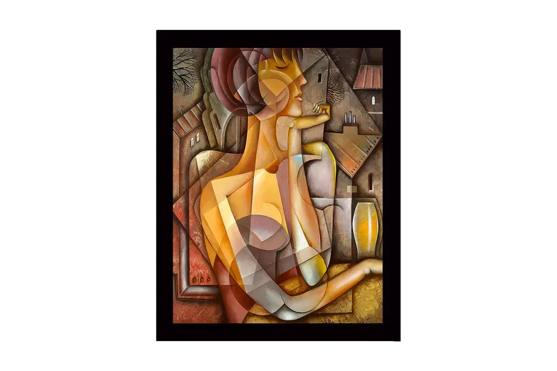 Kehystetty puucanvas - 41x56 cm - Abstrakti muotokuva naisesta geometrisilla muodoilla, Kulta / Ruskea / Beige