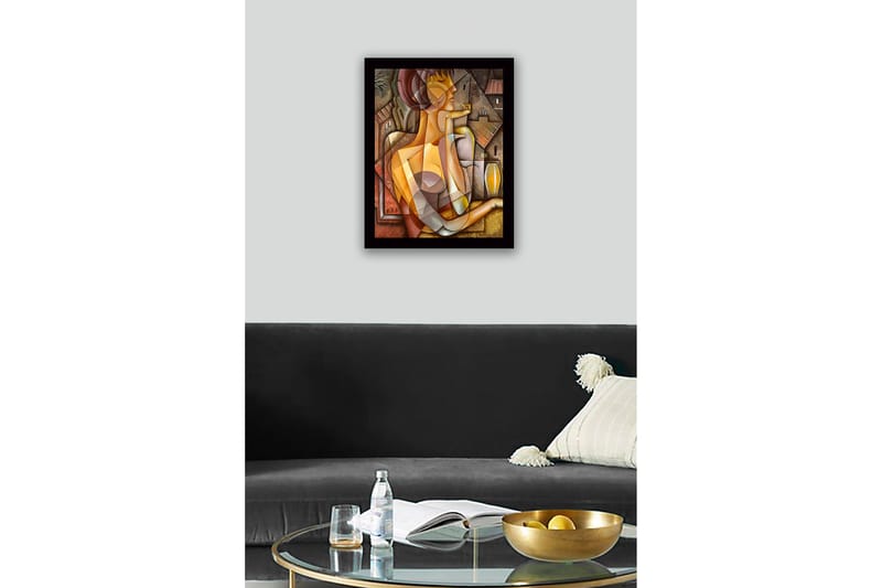 Kehystetty puucanvas - 41x56 cm - Abstrakti muotokuva naisesta geometrisilla muodoilla - Kulta / Ruskea / Beige - Sisustustuotteet - Taulu & taide
