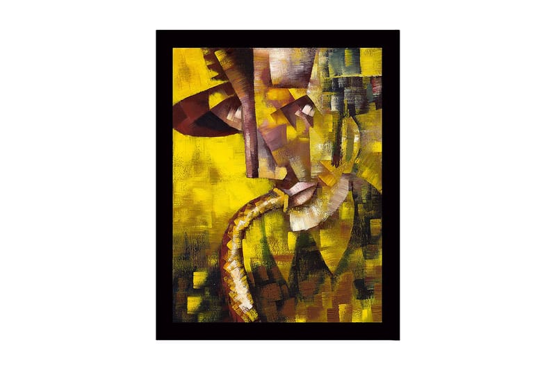 Kehystetty puinen canvas-taulu - 41x56 cm - Abstrakti muotokuva muusikosta saksofonin kanssa, Keltainen / Ruskea / Harmaa