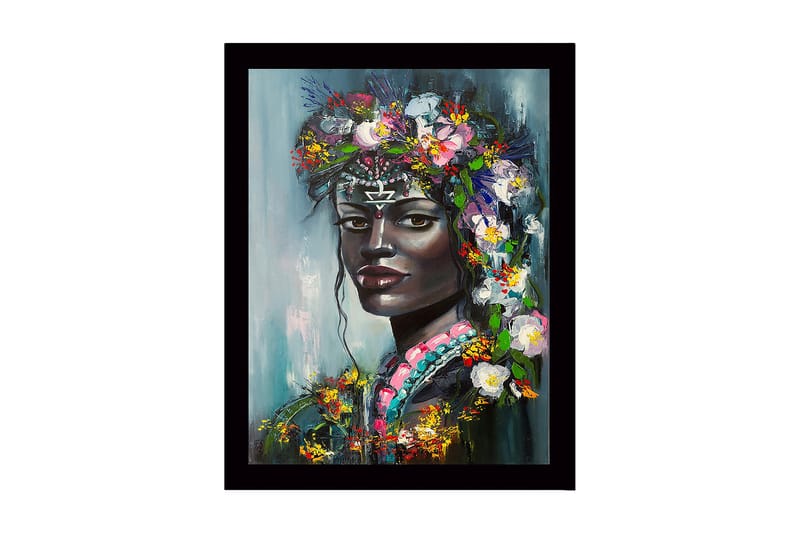 Kehystetty puucanvas - 41x56 cm - Muotokuva naisesta, jolla on kukkia hiuksissaan, Musta / Vihreä / Vaaleanpunainen