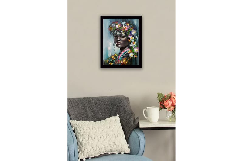 Kehystetty puucanvas - 41x56 cm - Muotokuva naisesta, jolla on kukkia hiuksissaan - Musta / Vihreä / Vaaleanpunainen - Sisustustuotteet - Taulu & taide