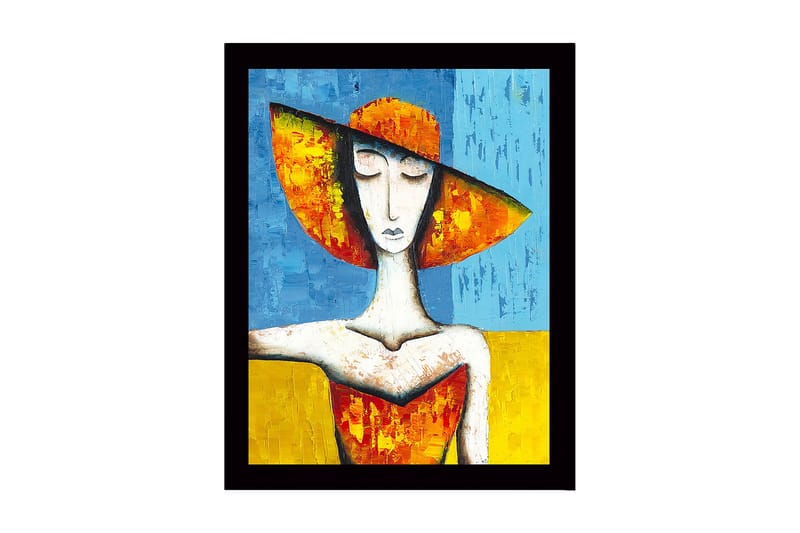 Kehystetty puutaulu canvasille - 41x56 cm - Nainen suuressa hatussa kirkkaissa väreissä, Oranssi / Sininen / Keltainen