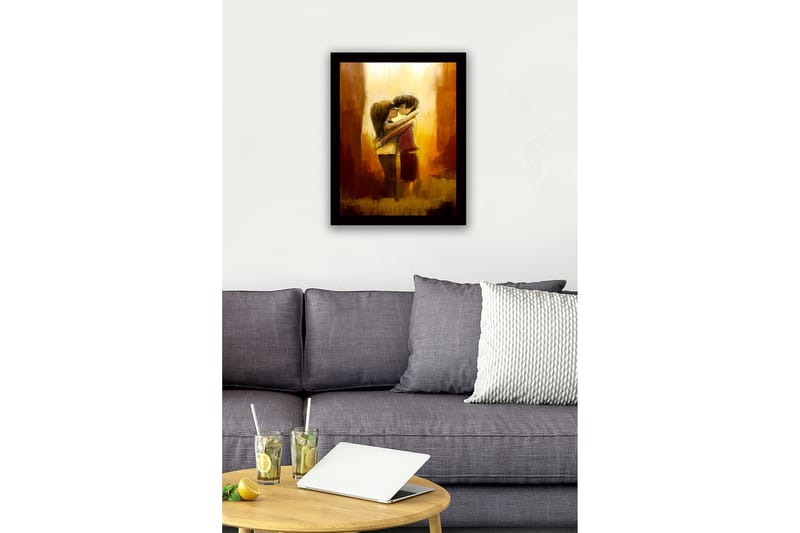 Kehystetty puutaulu canvasille - 41x56 cm - Halaava pari romanttisessa syleilyssä - Kulta / Ruskea / Beige - Sisustustuotteet - Taulu & taide