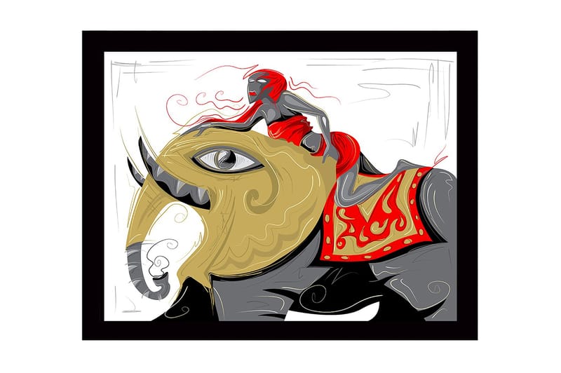 Kehystetty puinen canvas-taulu - 41x56 cm - Norsu ja sen selässä ratsastava punapukuinen nainen, Kulta / Punainen / Musta