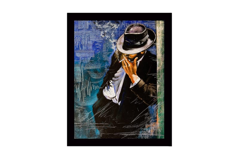 Kehystetty puutaulu canvasille - 41x56 cm - Tyylitelty mies puvussa ja hatussa polttamassa savuketta, Musta / Sininen / Valkoinen