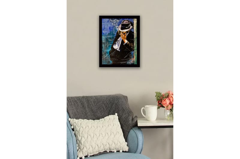 Kehystetty puutaulu canvasille - 41x56 cm - Tyylitelty mies puvussa ja hatussa polttamassa savuketta - Musta / Sininen / Valkoinen - Sisustustuotteet - Taulu & taide