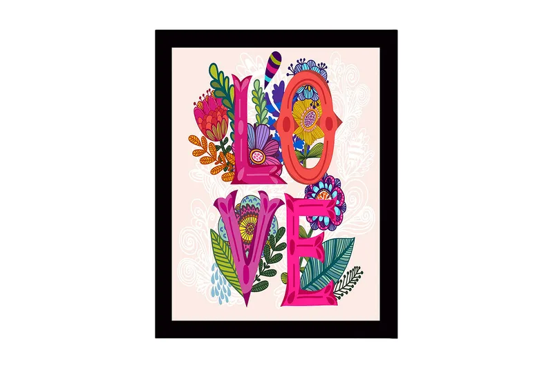 Kehystetty puutaulu canvasille - 41x56 cm - Värikäs sommitelma, jossa sana LOVE ympäröi kukkia ja lehtiä, Vaaleanpunainen / Vihreä / Oranssi