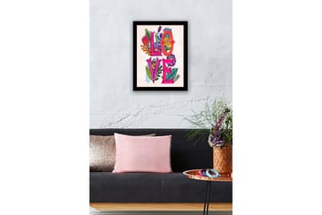 Kehystetty puutaulu canvasille - 41x56 cm - Värikäs sommitelma, jossa sana LOVE ympäröi kukkia ja lehtiä - Vaaleanpunainen / Vihreä / Oranssi - Sisustustuotteet - Taulu & taide