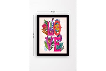 Kehystetty puutaulu canvasille - 41x56 cm - Värikäs sommitelma, jossa sana LOVE ympäröi kukkia ja lehtiä - Vaaleanpunainen / Vihreä / Oranssi - Sisustustuotteet - Taulu & taide