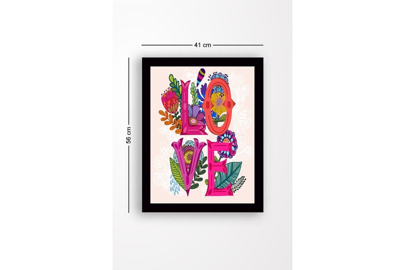 Kehystetty puutaulu canvasille - 41x56 cm - Värikäs sommitelma, jossa sana LOVE ympäröi kukkia ja lehtiä - Vaaleanpunainen / Vihreä / Oranssi - Sisustustuotteet - Taulu & taide