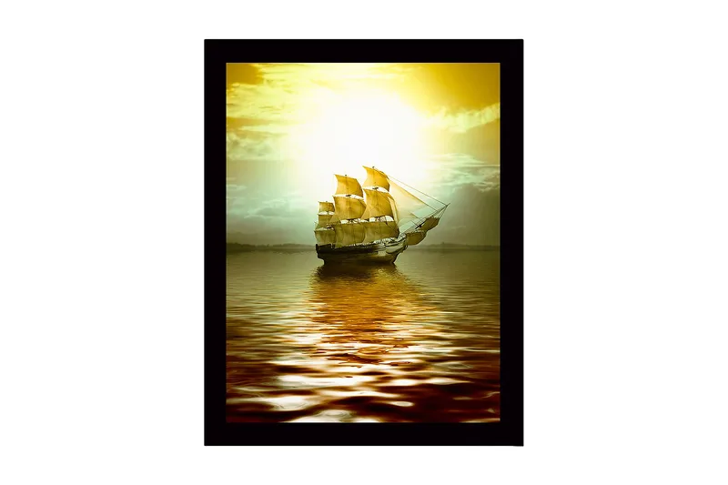 Kehystetty puutaulu canvasille - 41x56 cm - Purjevene liukuu peilimäisten vesipintojen yli auringonlaskun valossa, Kulta / Ruskea / Vaaleanvihreä