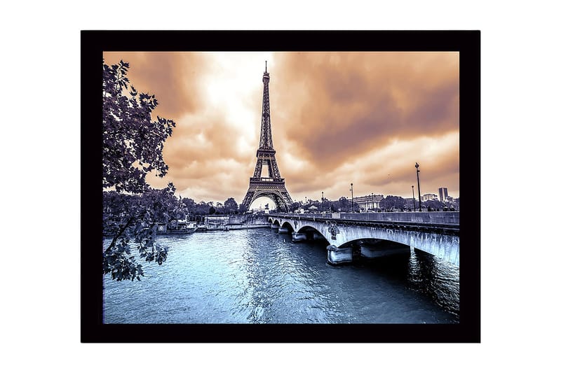 Kehystetty puutaulu canvasille - 41x56 cm - Eiffel-torni dramaattisen taivaan ja peilimäisen joen ympäröimänä, Sininen / Oranssi / Harmaa