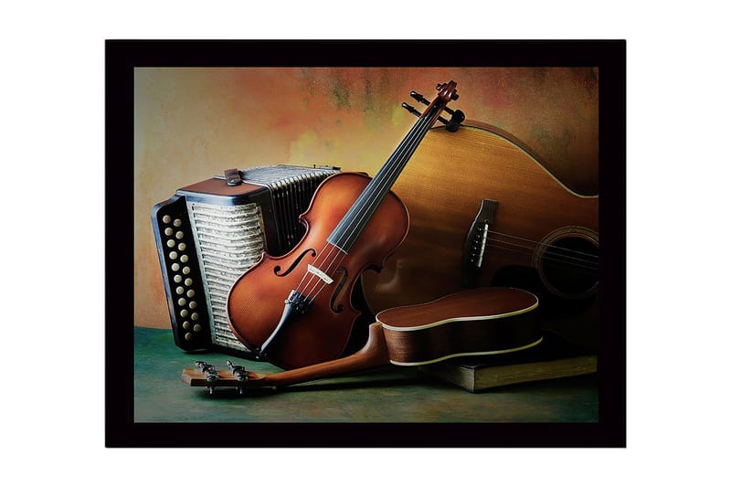 Kehystetty puukangas - 41x56 cm - Hiljaisuus soittimien keskipisteenä, Ruskea / Beige / Vihreä